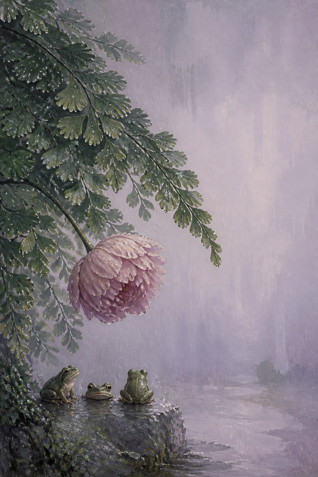 Three frogs waiting beneath maidenhair fern and a blush peony in lavender rain
